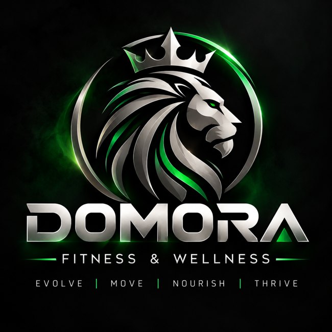 DOMORA Fitness and Wellness — silver crowned lion with green accents; Evolve, Move, Nourish, Thrive